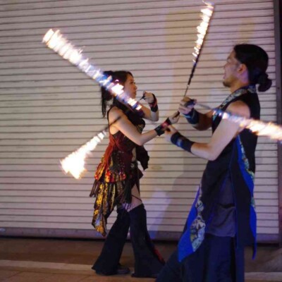 亀戸大道芸 金曜屋台村での火付盗賊ファイアーパフォーマンス