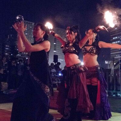 コンタクトジャグリングとファイアーパームトーチ 品川運河花火祭りファイアーショー