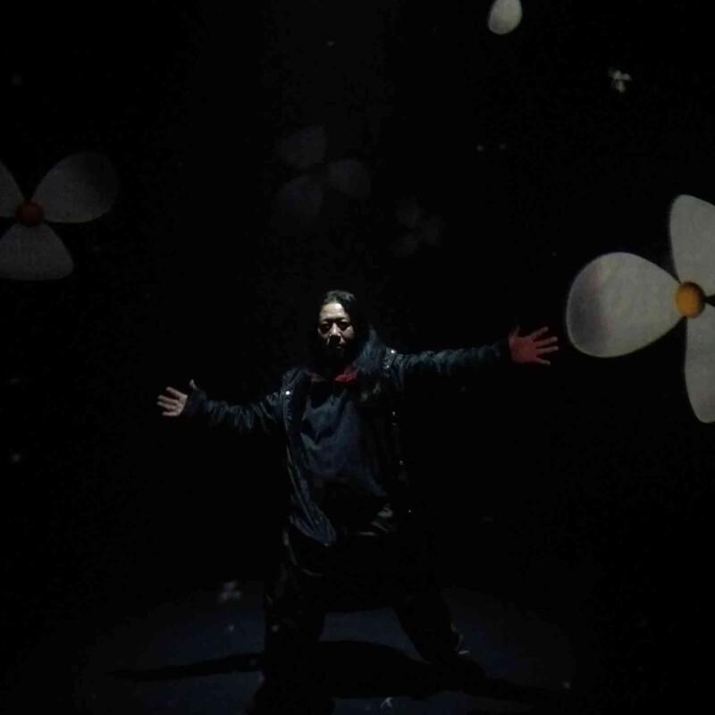 メッシュの３Ｄスクリーン用の幕を使って立体映像を投影させ、パフォーマンスに取り入れます。