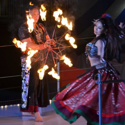 西武園遊園地のビアガーデンで花火大会後にファイアーショー