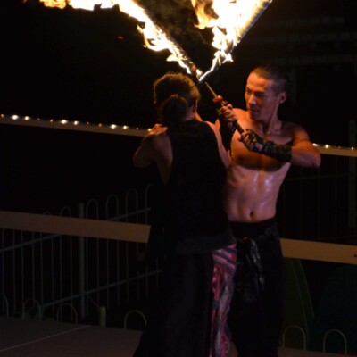 西武園遊園地のビアガーデンで花火大会後にファイアーショー
