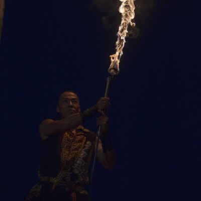 西武園遊園地のビアガーデンで花火大会後にファイアーショー