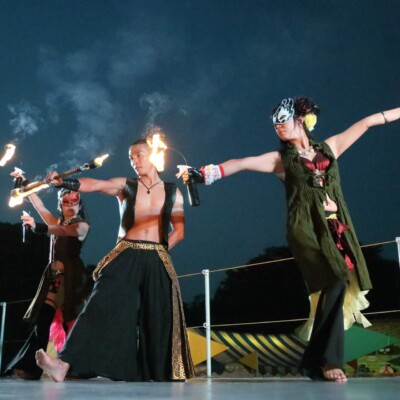 西武園遊園地のビアガーデンで花火大会後にファイアーショー