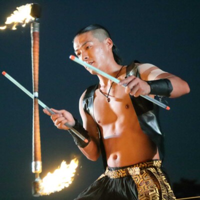 西武園遊園地のビアガーデンで花火大会後にファイアーショー