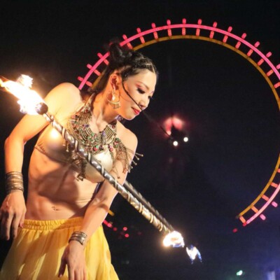 西武園遊園地のビアガーデンで花火大会後にファイアーショー