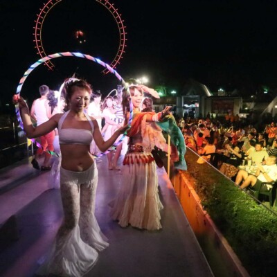 西武園遊園地のビアガーデンで花火大会後にファイアーショー