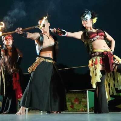 西武園遊園地のビアガーデンで花火大会後にファイアーショー