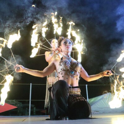 西武園遊園地のビアガーデンで花火大会後にファイアーショー