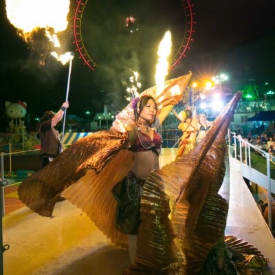 西武園遊園地のビアガーデンで花火大会後にファイアーショー