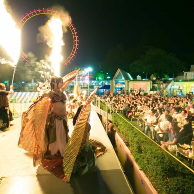 西武園遊園地のビアガーデンで花火大会後にファイアーショー