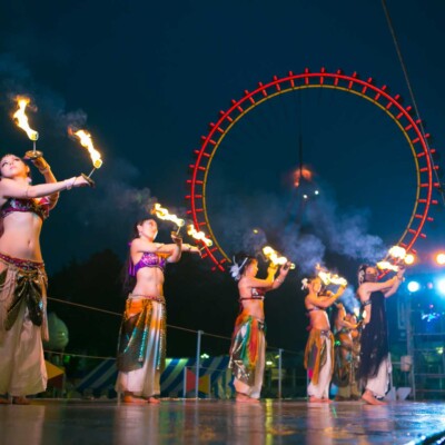 西武園遊園地のビアガーデンで花火大会後にファイアーショー