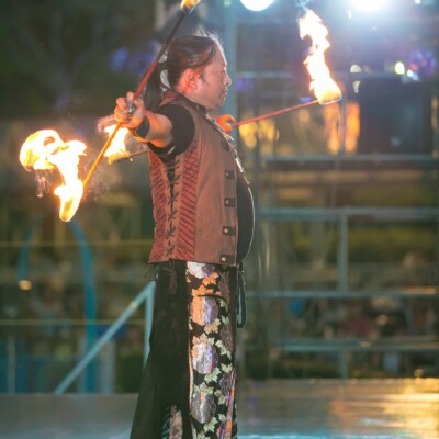 西武園遊園地のビアガーデンで花火大会後にファイアーショー