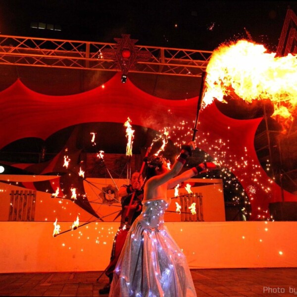 火付盗賊の電飾ドレスでファイアーパフォーマンス