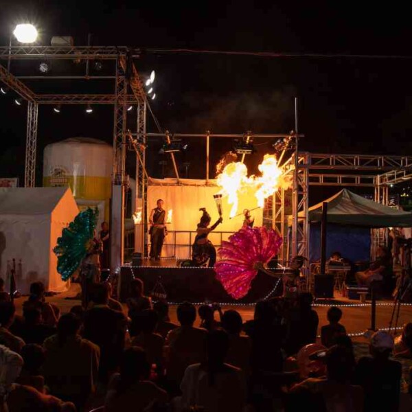 ファイアーパフォーマンスとライトパフォーマンスのコラボ 西武園ゆうえんちのプールの夏イベントを盛り上げるファイアーショー