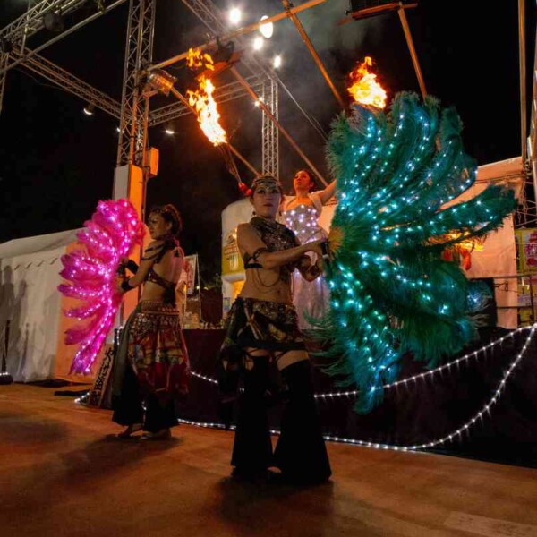 LEDと炎のコラボ 西武園ゆうえんちのプールの夏イベントを盛り上げるファイアーショー
