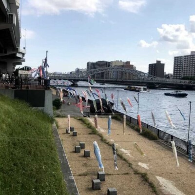 隅田川の大道芸フェスティバルのこいのぼり
